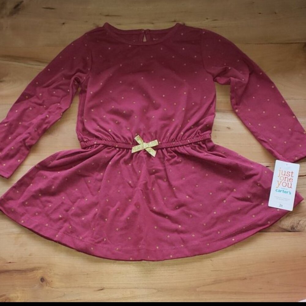 Toddler Girls Maroon with Gold Dots Long Sleeve Dress